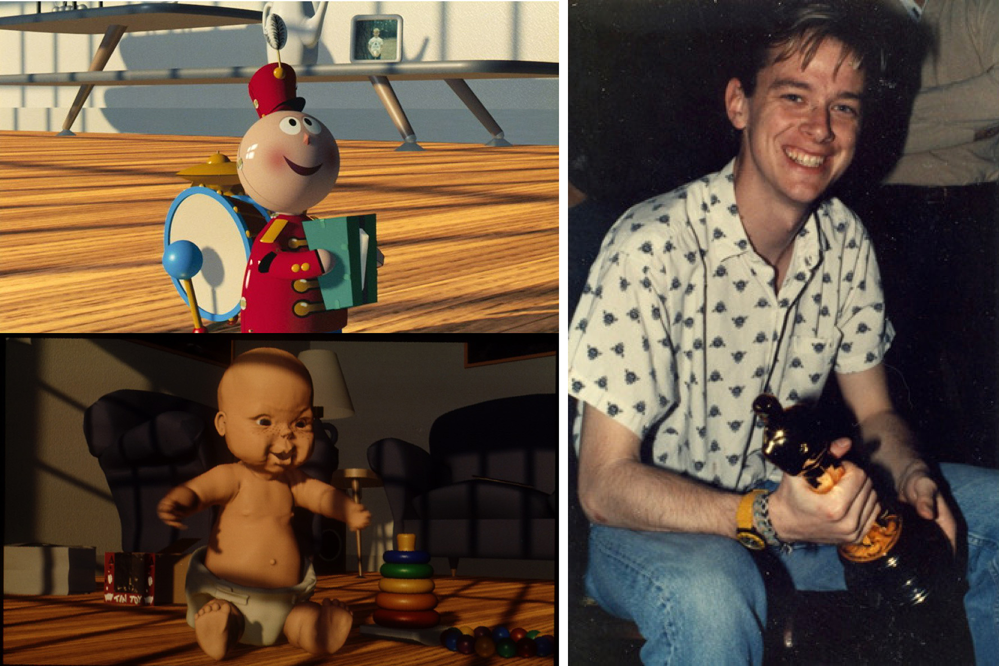 A triptych of Flip Phillips holding an Oscar as well as screenshots from the Oscar-winning animation Tin Toy.