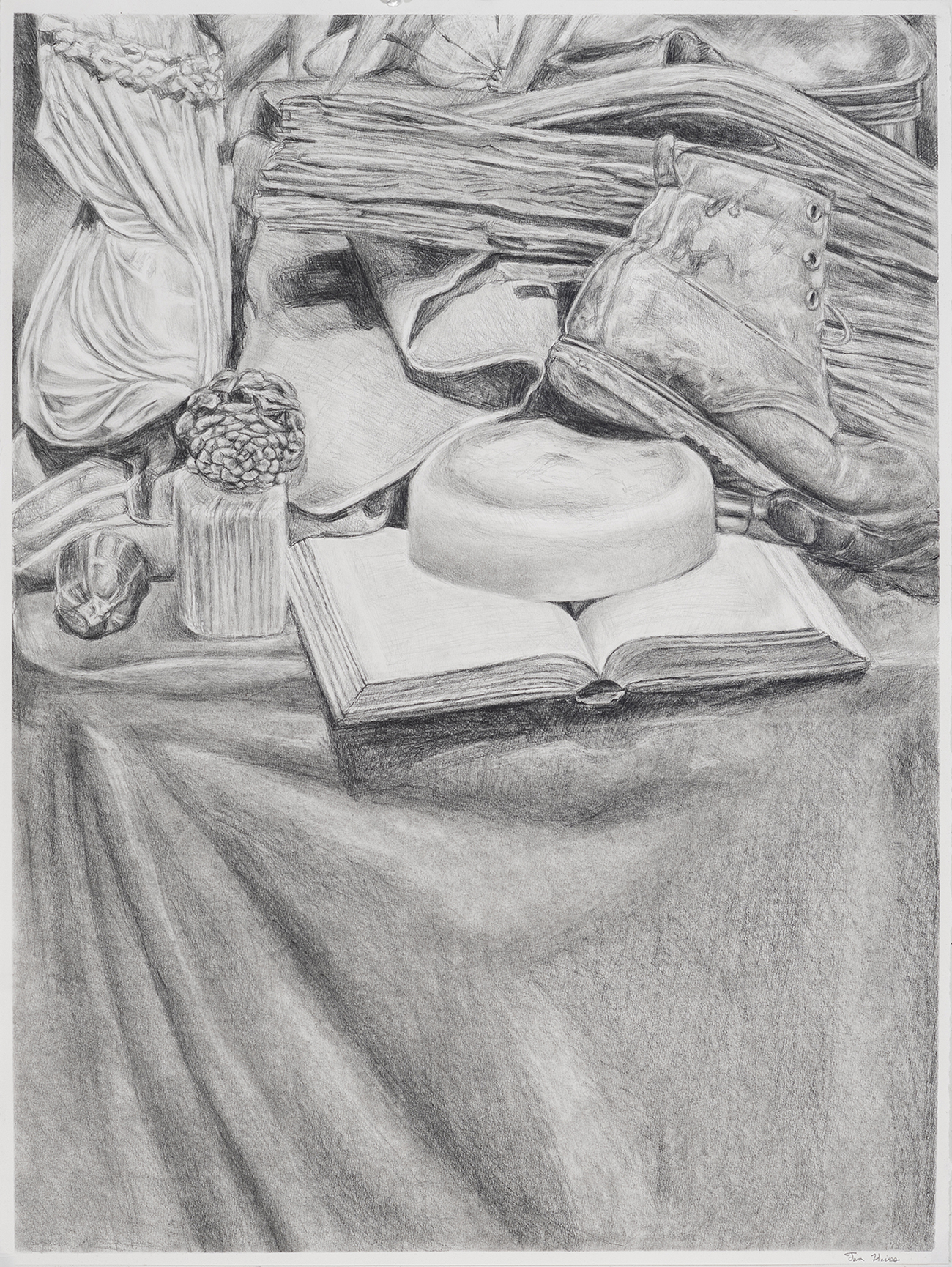 A still-life drawing of a book, boot, decor and other objects.