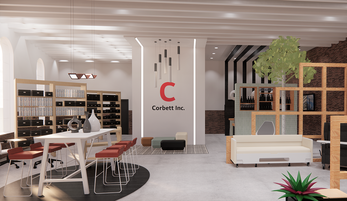 A rendering of a Corbett experience center, with hanging chimes, a fake tree, intricate furniture and more.