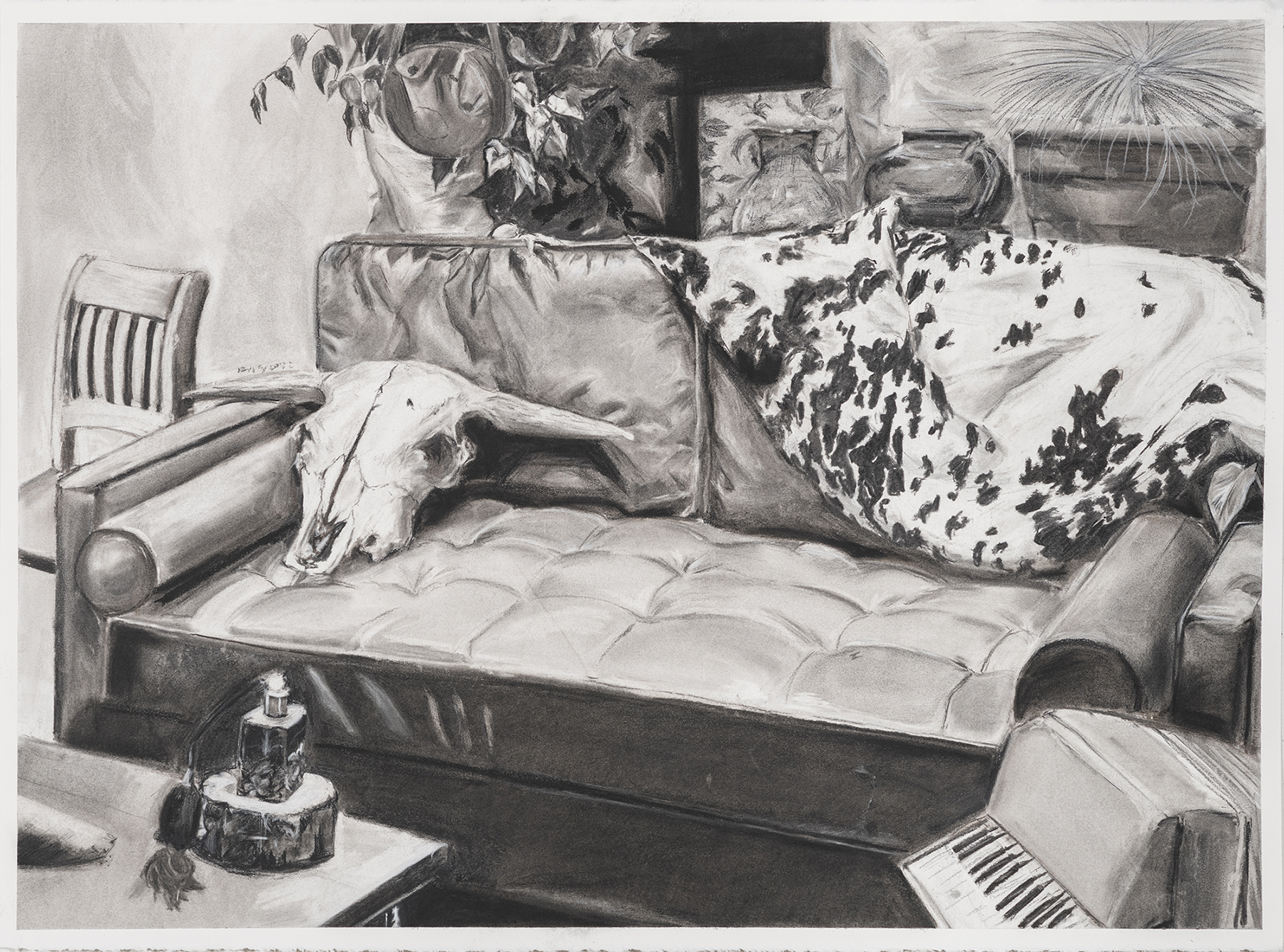 A still-life drawing of a skull head on a couch, surrounded by plants and decor.