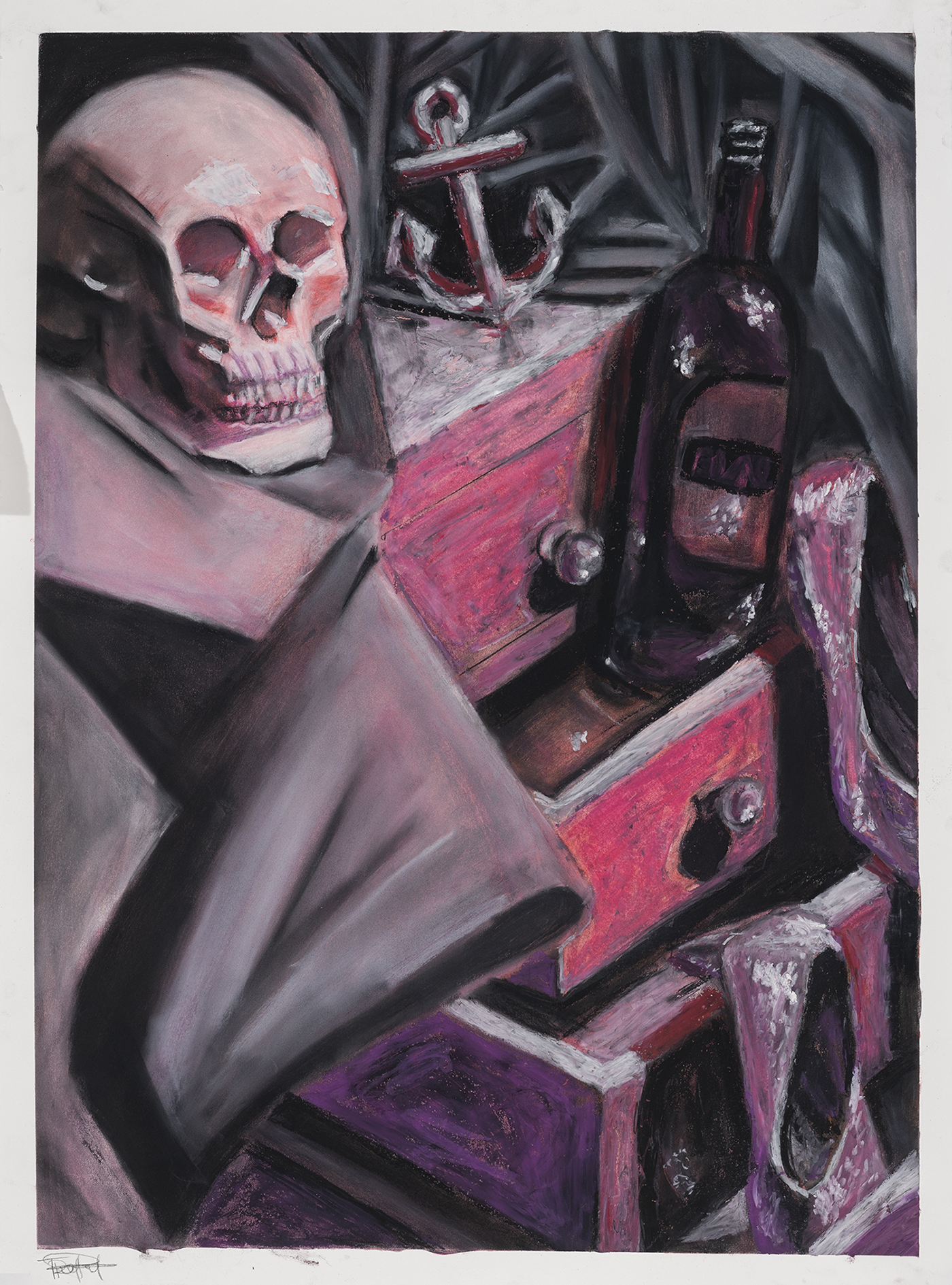 A still-life drawing of a skull, bottle, dresser and other objects.