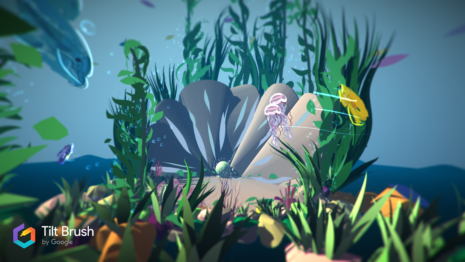 A detailed underwater VR scene, with plants, dolphins and jellyfish.