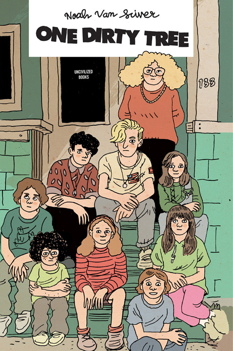 Comic book illustration of students sitting on doorsteps