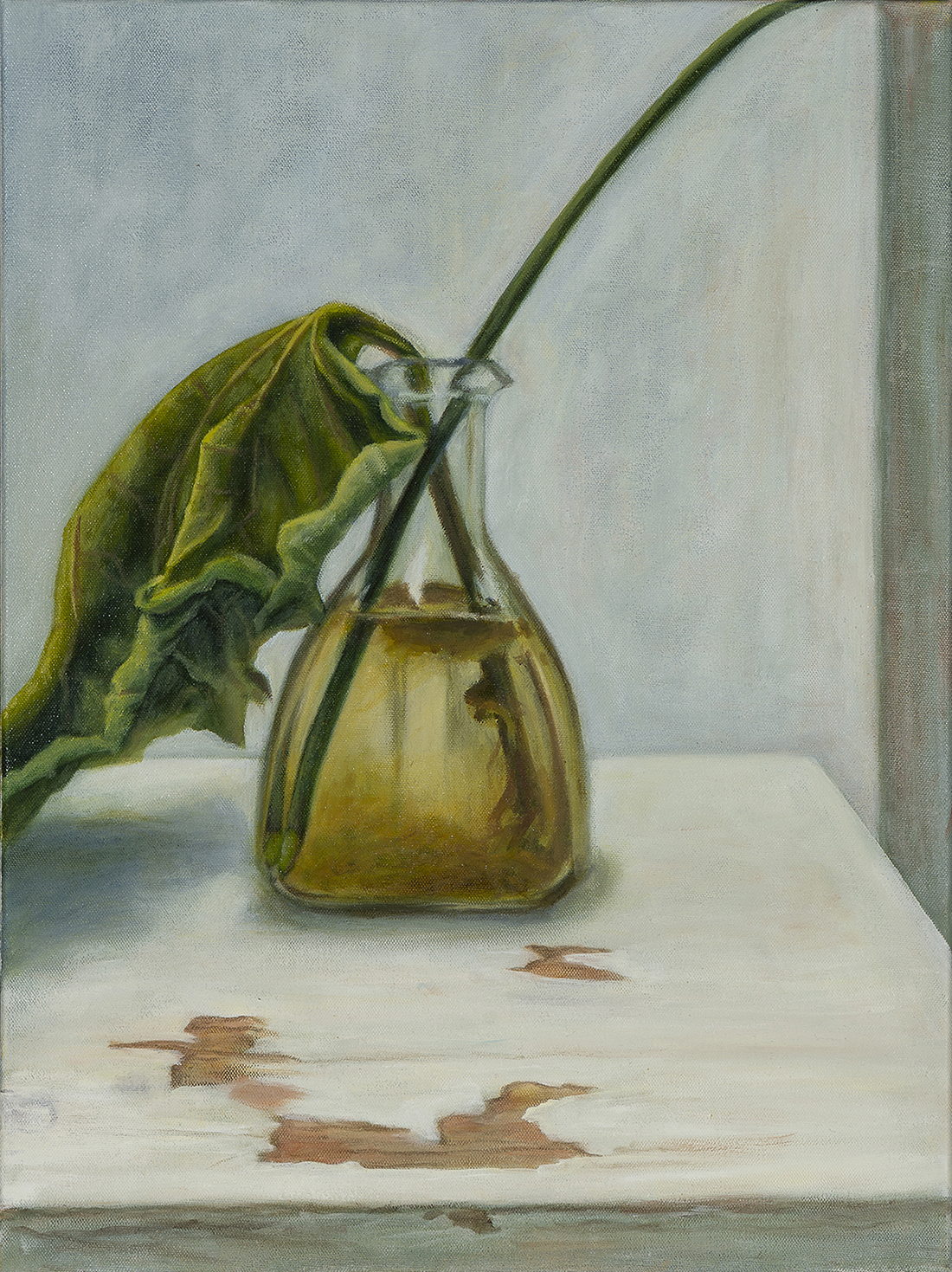 A painting of a dying flower in a vase.