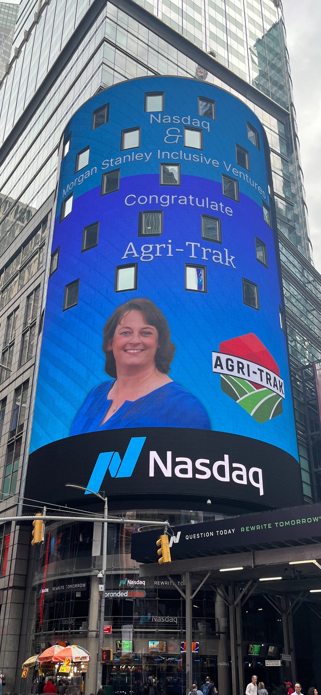 Jamie Sonneville, founder and CEO of Agri-Trak, was featured on a billboard on the NASDAQ building in Times Square in recognition of her startup. 