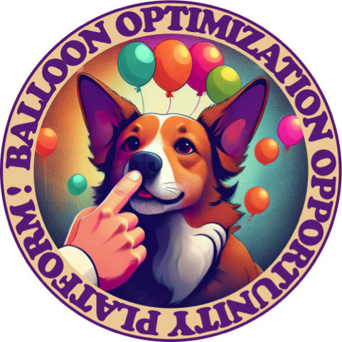 circular logo for BOOP which has a dog with balloons.