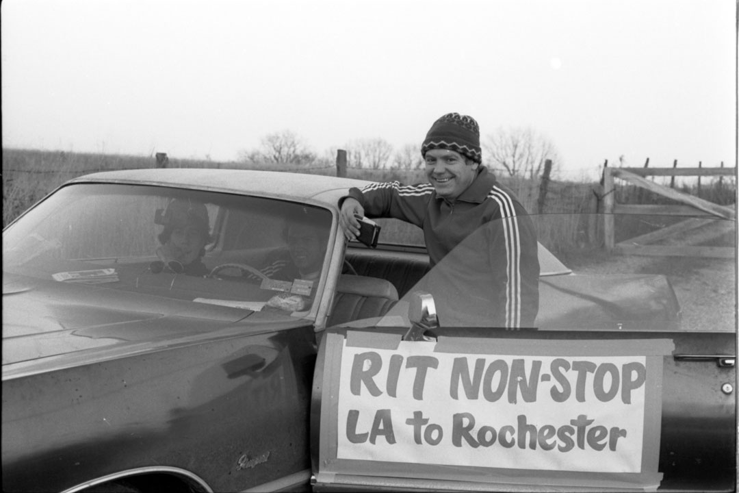 Coach Pete Todd during a record-setting 14-hour non-stop relay race with 11 RIT students and alumni, from California to Maryland and back to Rochester to celebrate RIT’s 150th anniversary in 1979. 