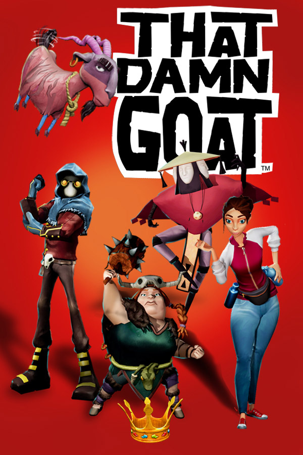 a promotional image for That Damn Goat is shown with illustrated charachters on a red background and the name of the game displayed.