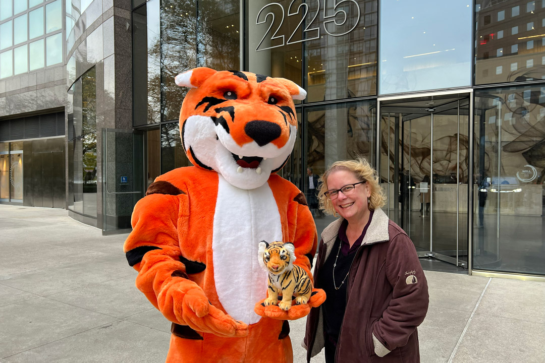 a large tiger mascot and another person hold a small tiger stuffy on a new york city street