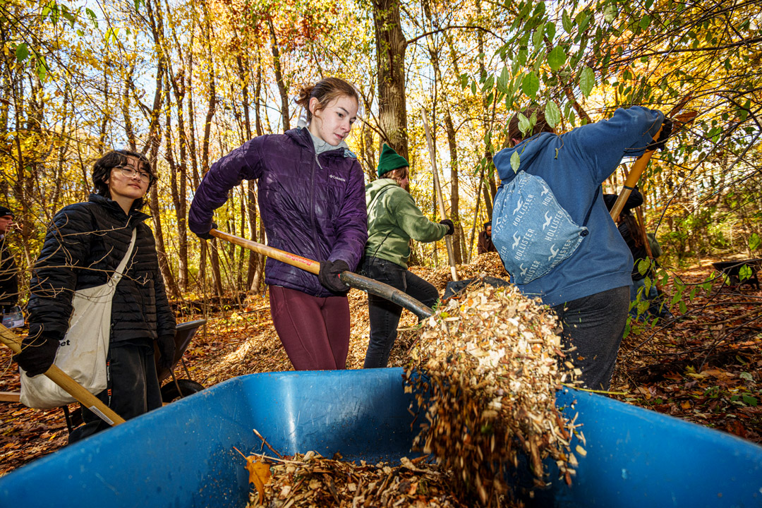 students rake leaves on to a tarp in the woods