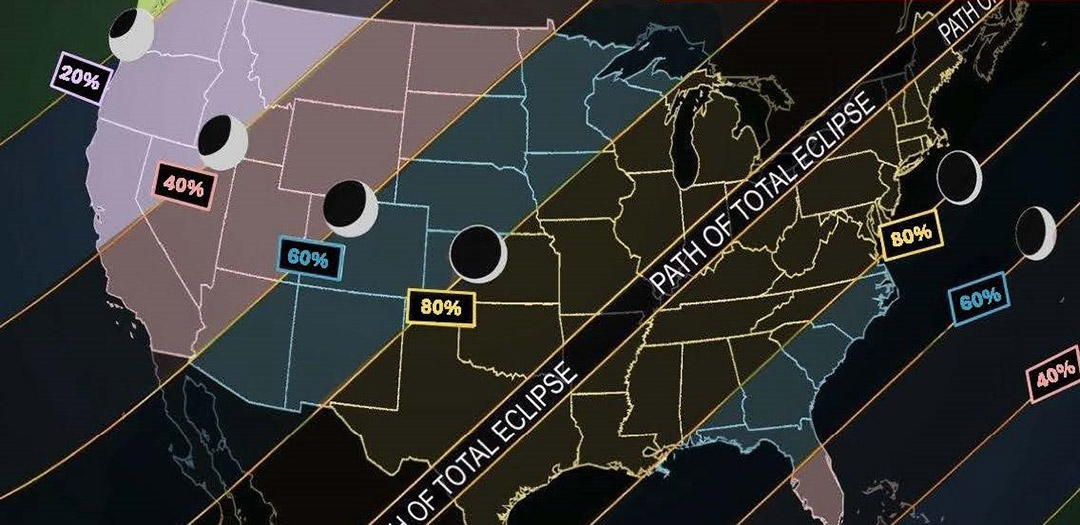 a diagram showing the path of the total eclipse and the percentage of the sun that will be covered by locations on April 8, 2024. 