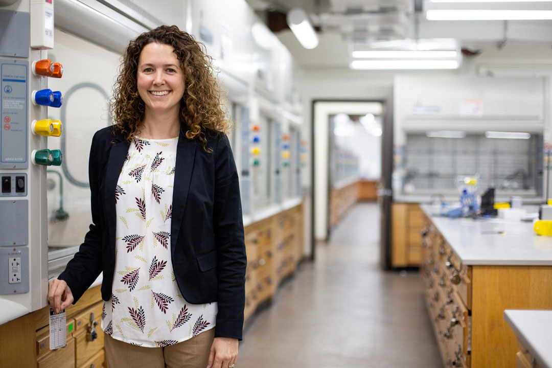 Goudreau Collison is shown in her lab on RIT’s campus. She has focused her career on chemistry education, including creating reformed experimental activities in the lab. 