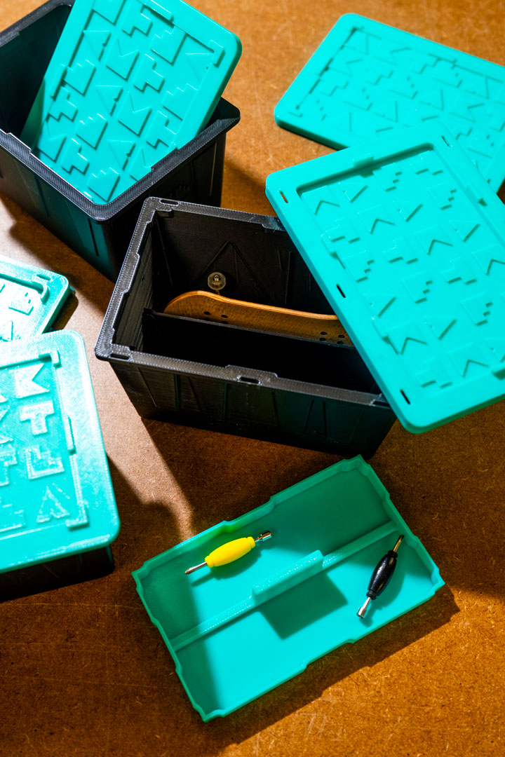 RIT student Maggie Wagner designed obstacles, a skate park, and these tiny totes for Teak Tuning. 