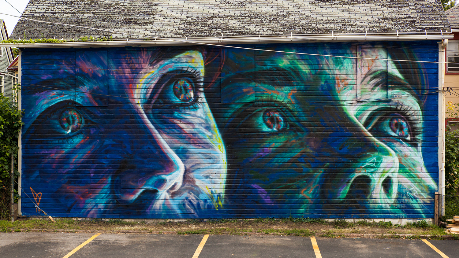 A mural of a close-up of two large faces.