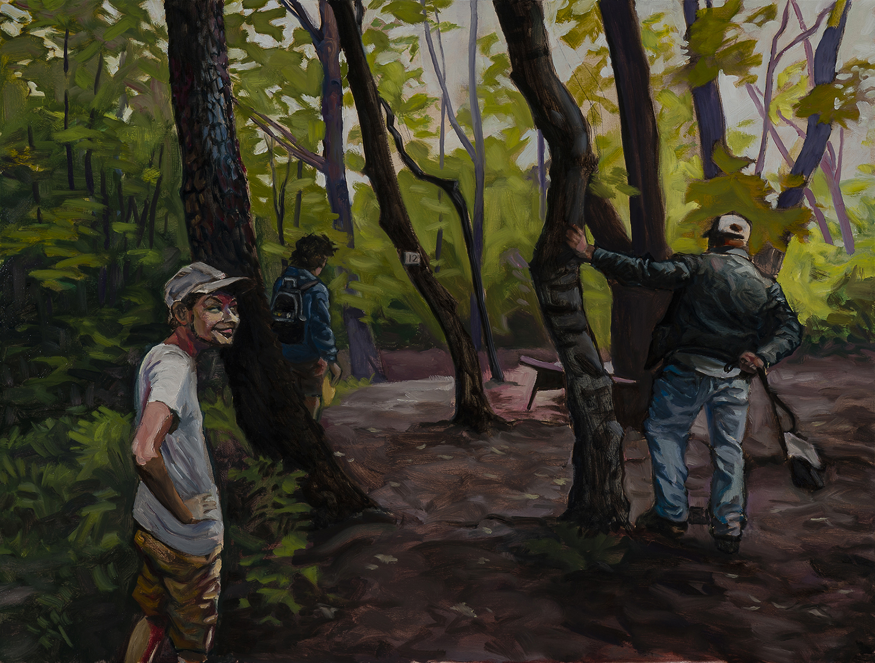 A painting of a group of people in the woods.