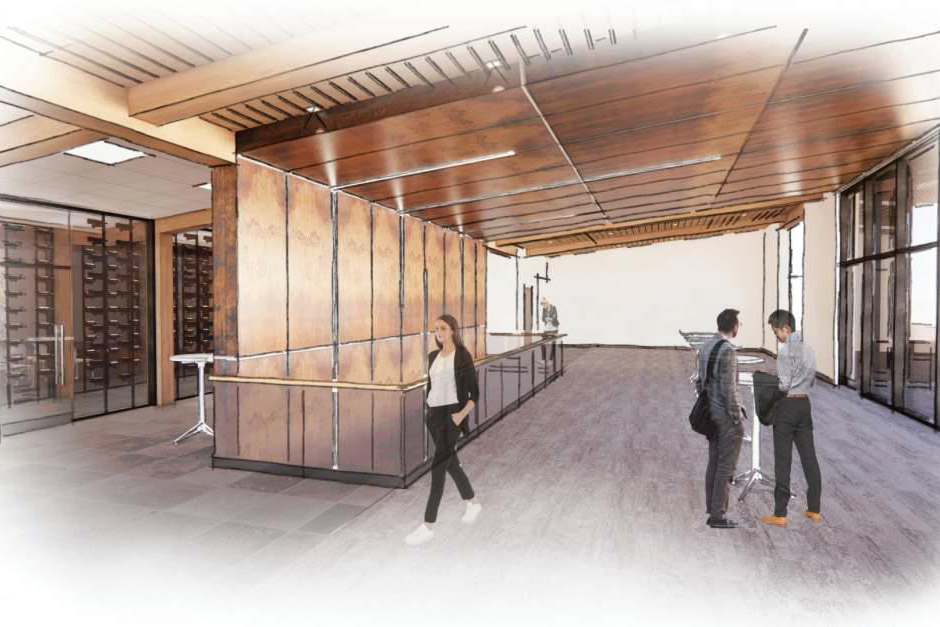 artist rendering of reception gallery and wine room.