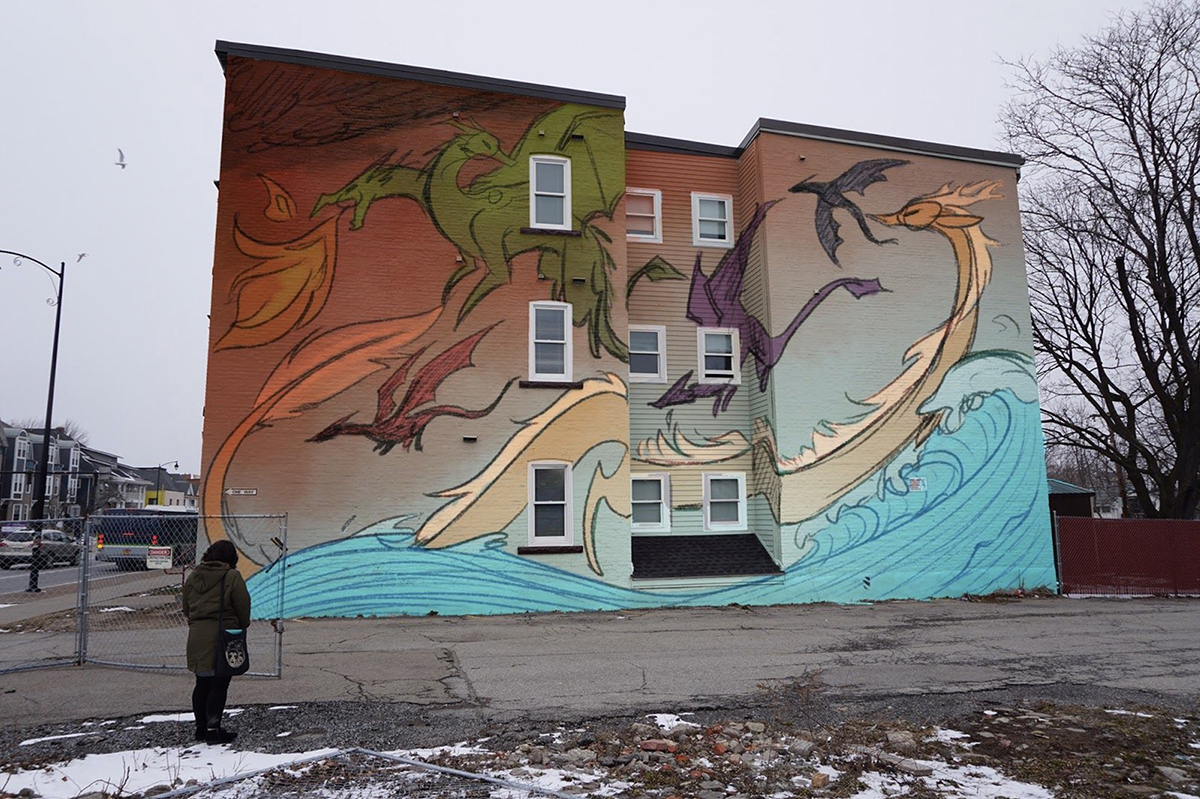 A mural concept with dragons on it. 