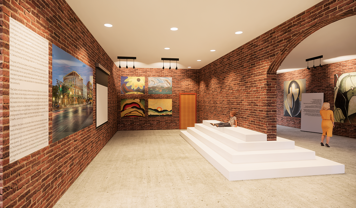 A rendering of a gallery space with art hanging on brick walls.