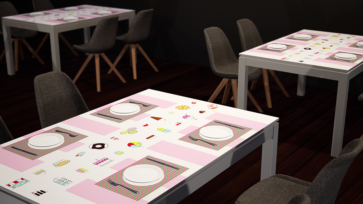 Multiple tables featuring placemats and animations.