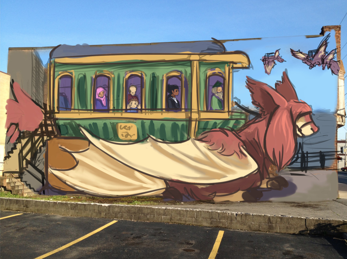 A mural of a train car being transported on a large animal.