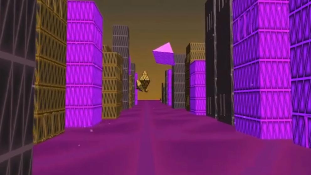 screenshot of an animation of an area of 3 D gold and purple buildings, with a purple ground and 3 D shapes moving down the road.