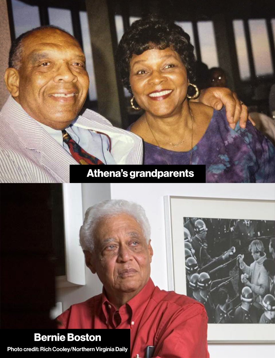 A photo of Athena Lemon's grandparents as well as Bernie Boston '55 in a separate photo.