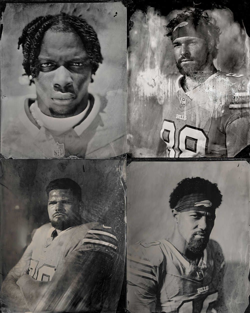 Four tintype portraits of Buffalo Bills players.