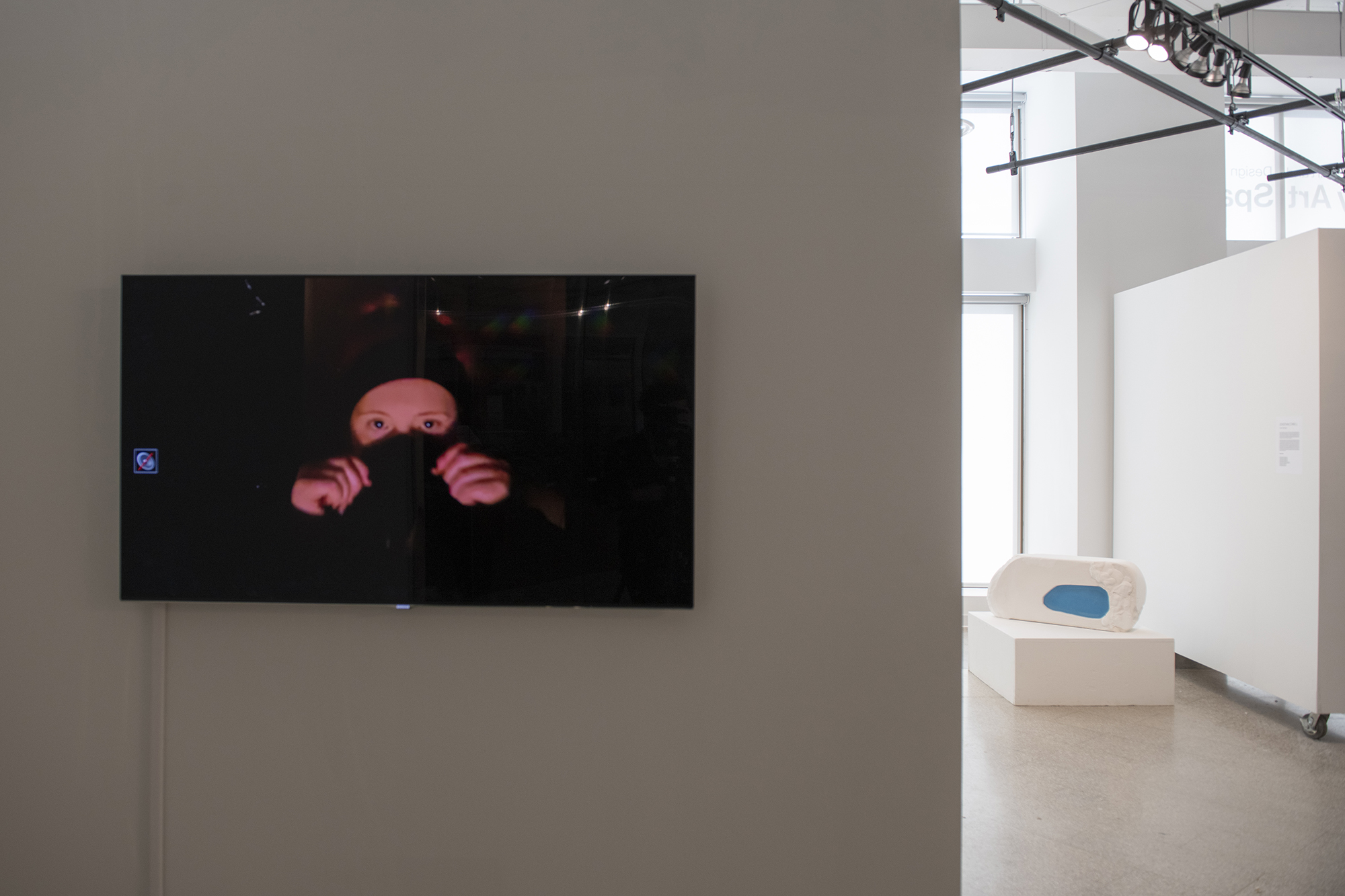 A video screen plays a video on a gallery wall.