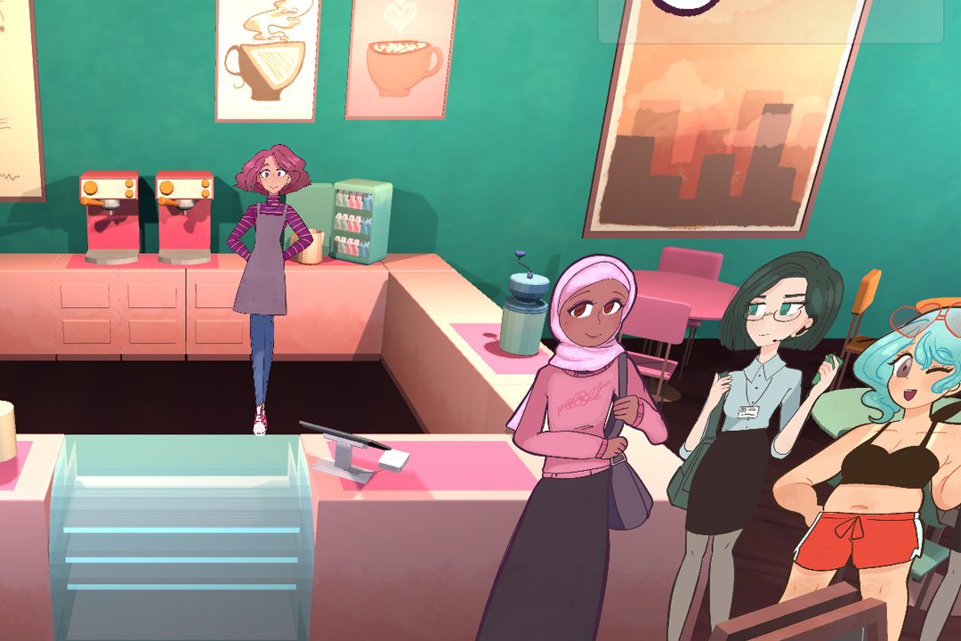 Animated coffee shop with four people.
