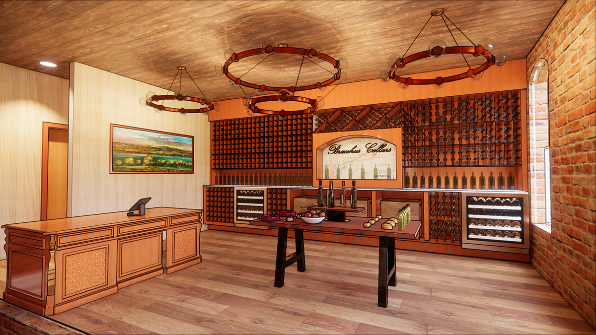A rendering of a wine retail space with an extensive display.
