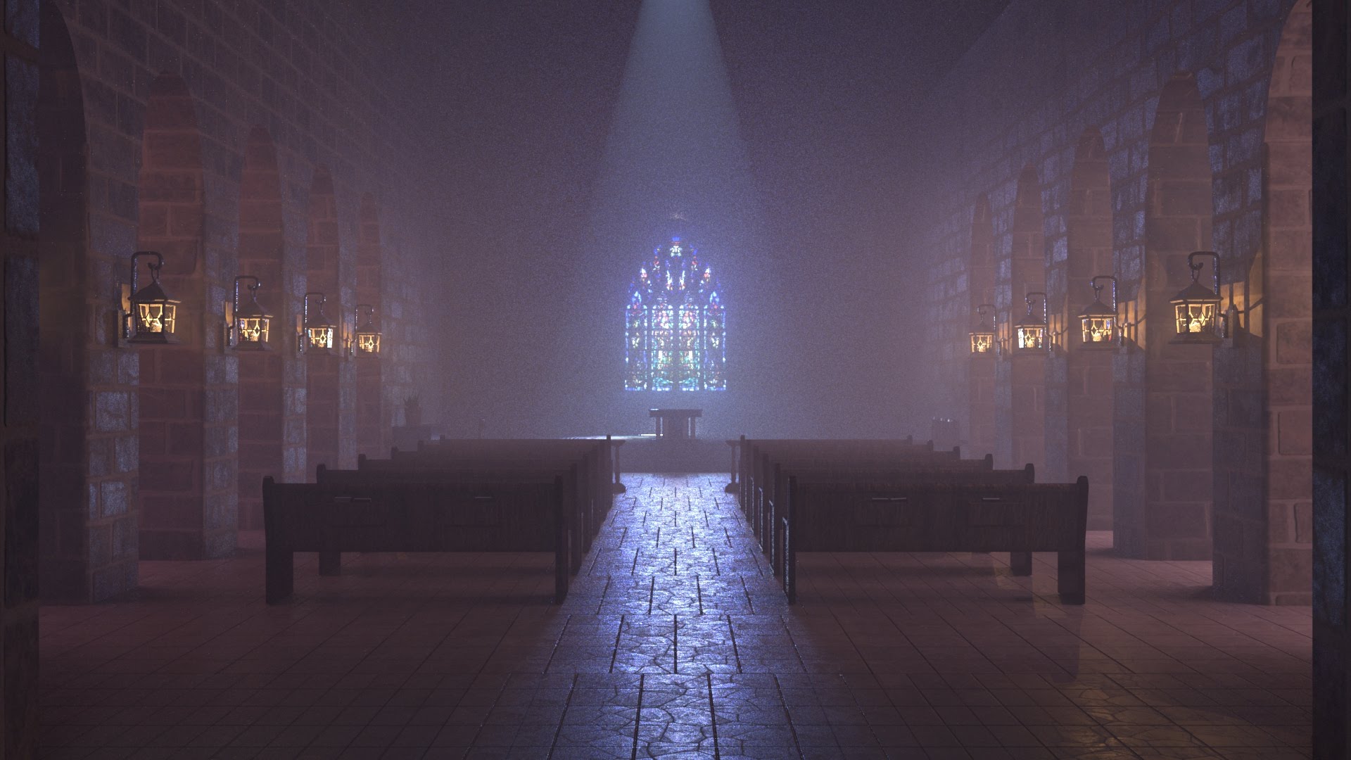 A 3D environment of a church.