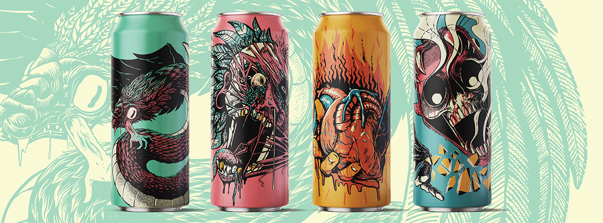 Four beer can designs inspired by Aztec mythology.