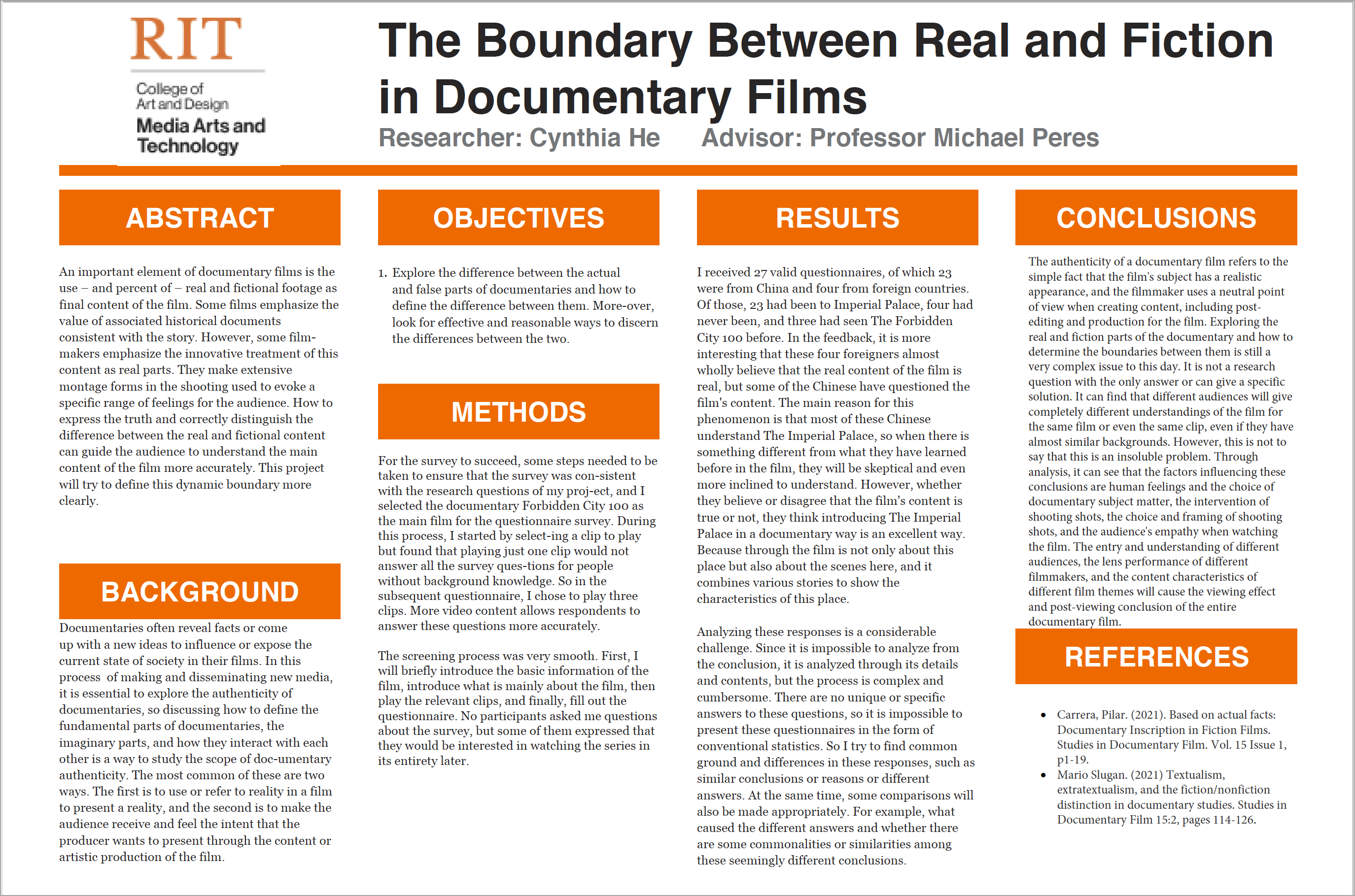 A poster highlighting research on the boundary between real and fiction in documentary films.