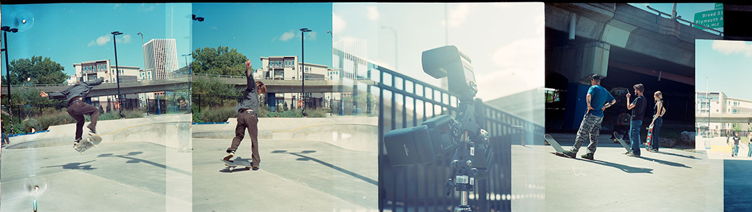 four images side-by-side of a person skate boarding, a camera on a tripod, and onlookers.