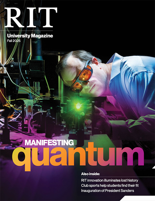 RIT University Magazine cover Fall 2025 Manifesting Quantum. Cover includes man in rose glasses looking at a green laser.