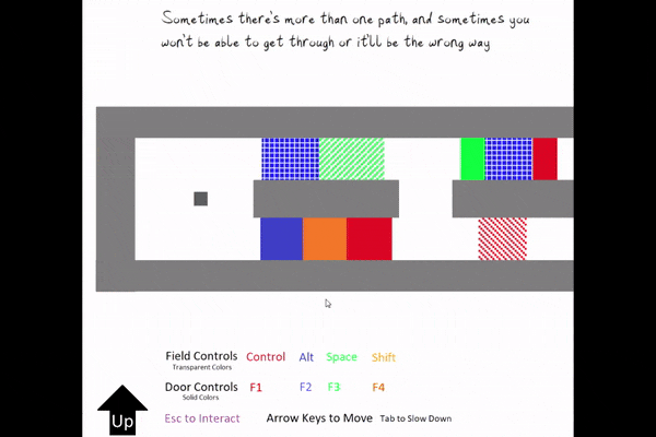 Moving image of circle going through colorful maze of squares and rectangles