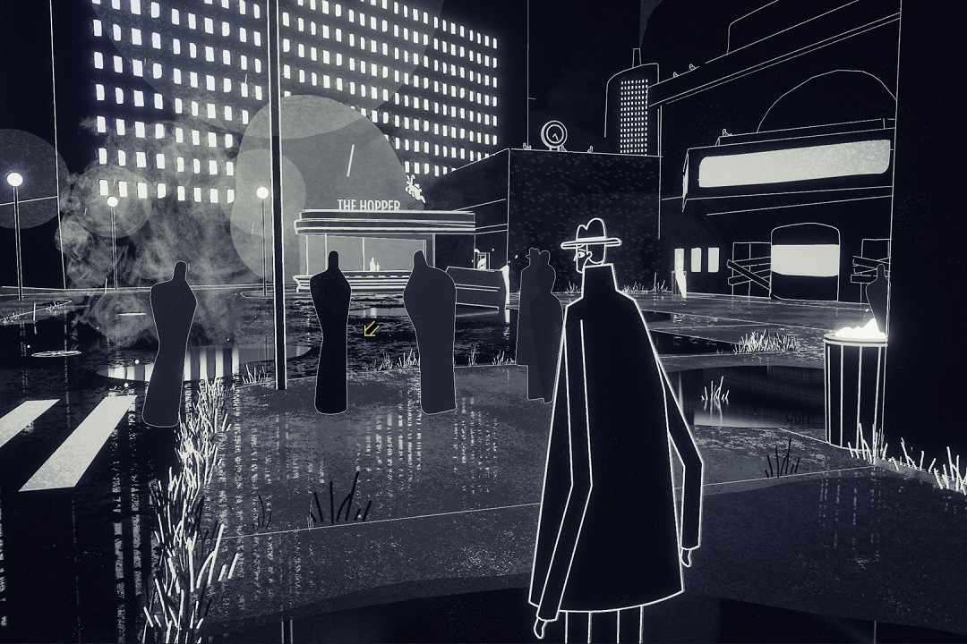 screenshot of black and white video game with five dark figures in a parking lot.