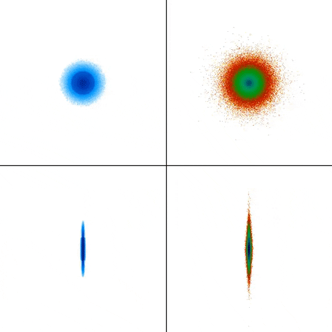 Four views of simulation of galaxies colliding.