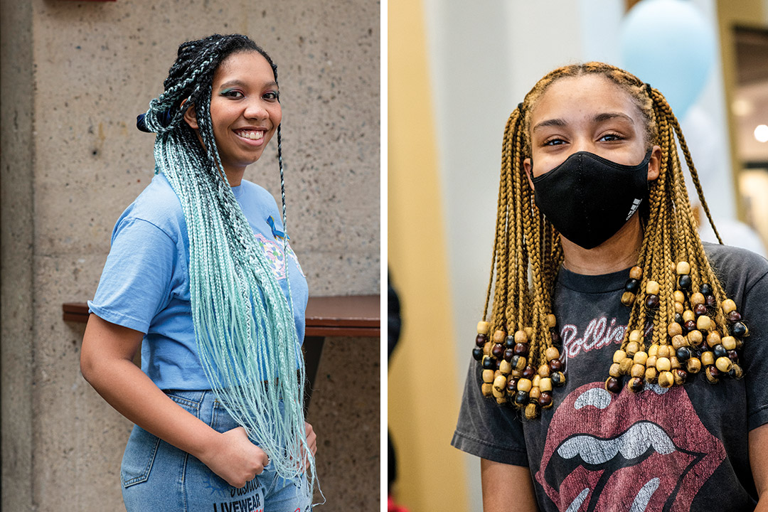 side-by-side images of student with long, light blue braids and a student with wooden beads on the ends of her briads.