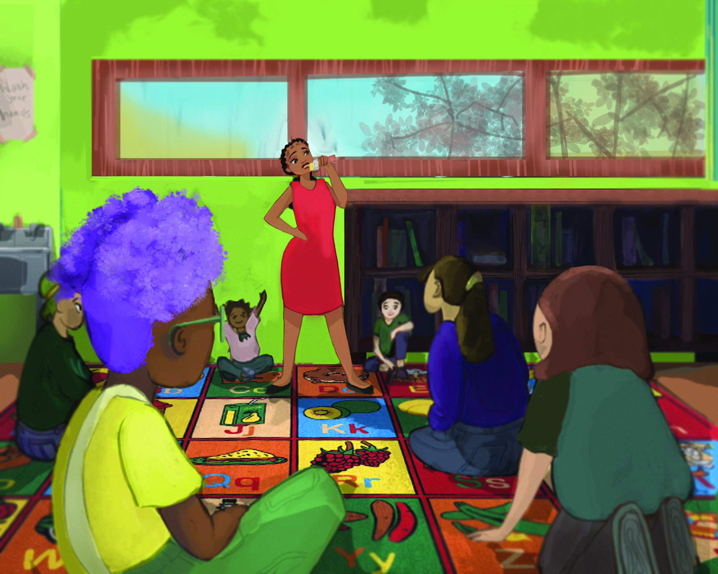 An illustration of a teacher leading instruction in a K-12 classroom.