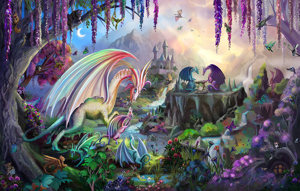 An illustration of a pack of dragons in a mythical place.