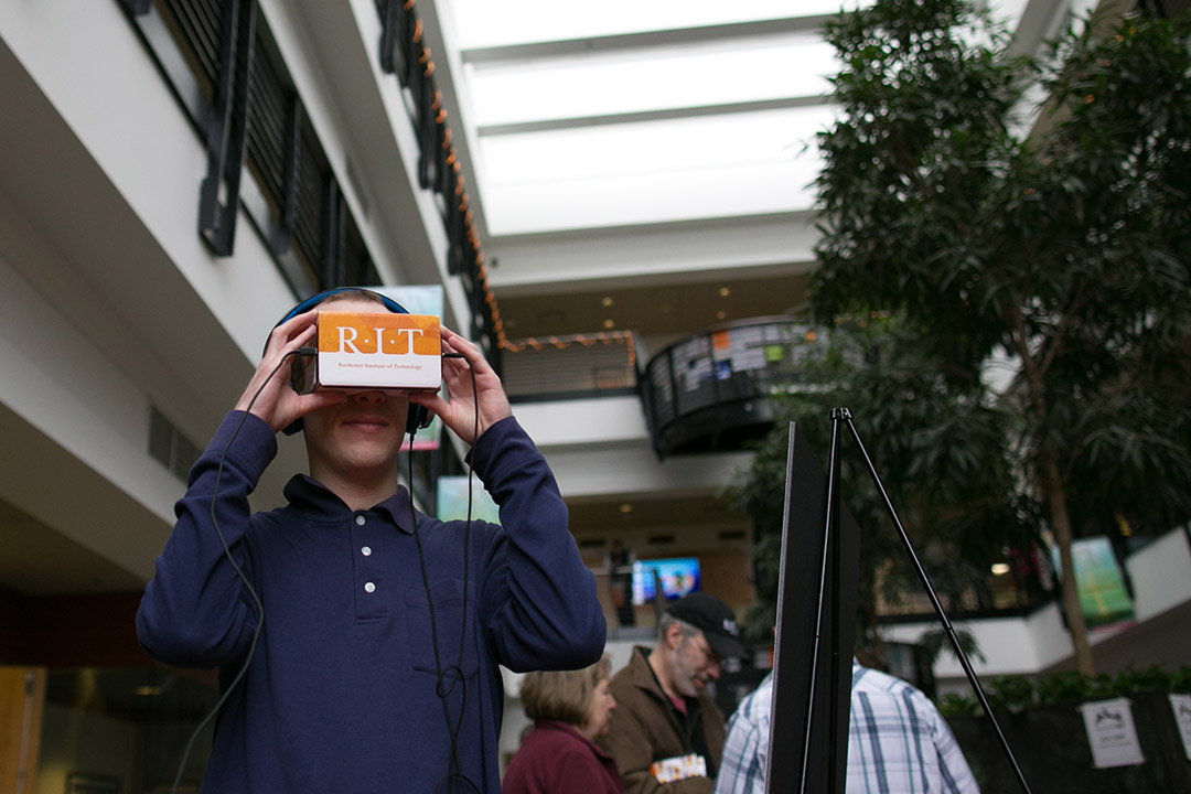 person wearing virtual reality headset.