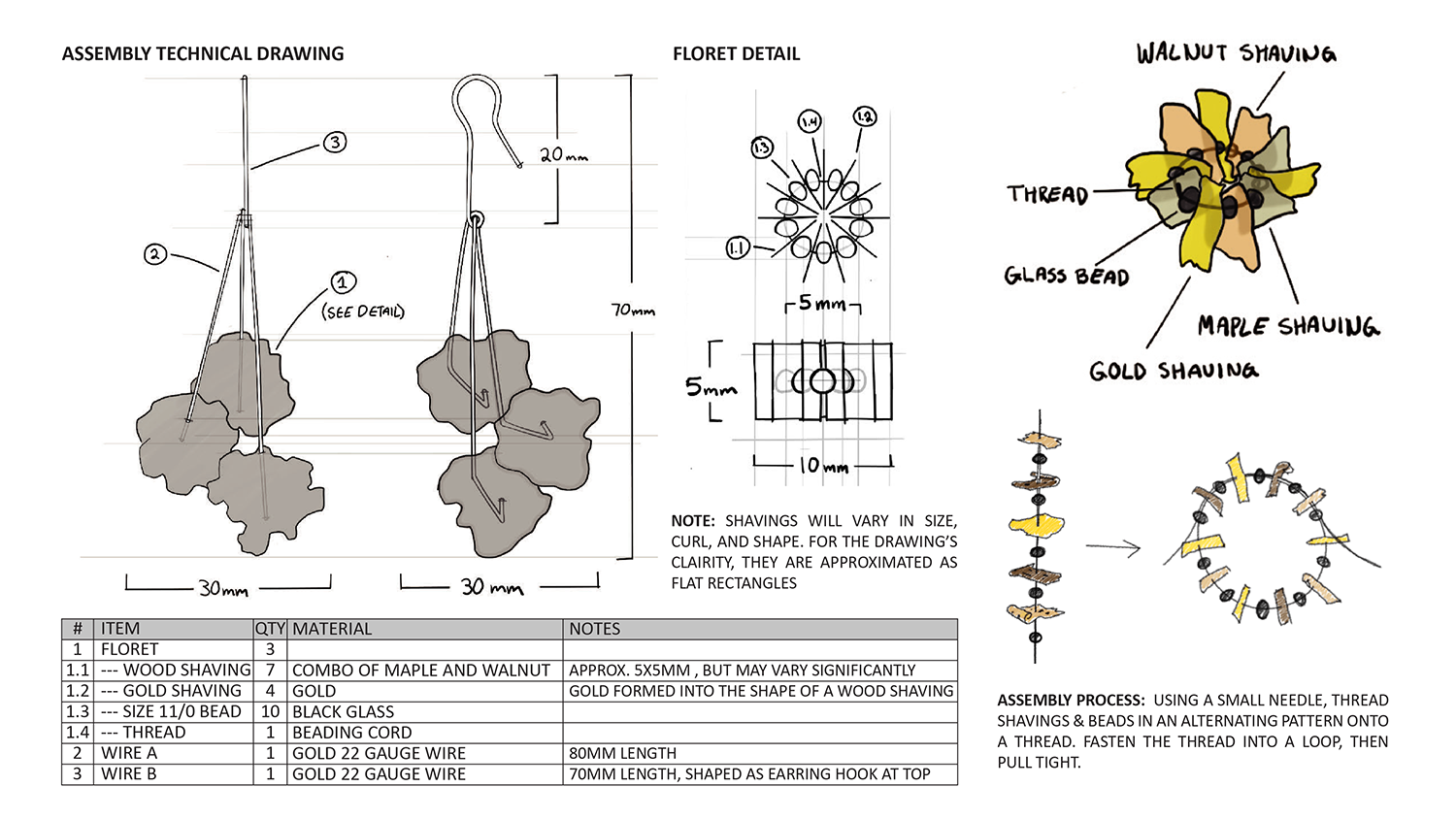 Sketches for an earring design for a sustainable jewelry competition.