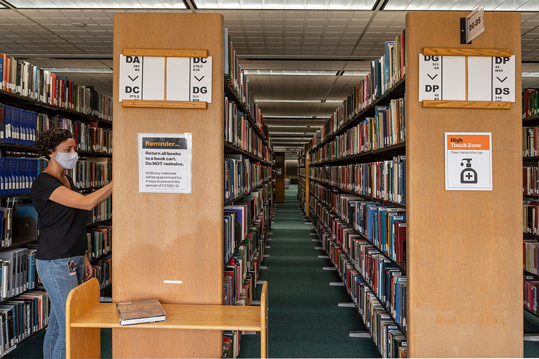 shelves of books in the library.