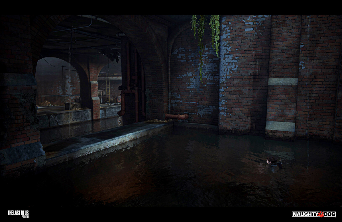 A dark scene in a sewer for the game "The Last of Us Part II."