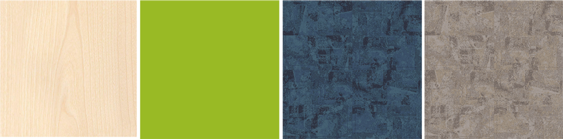 A photo highlighting four materials selected for the redesign: birchwood, electric lime wall paint and blue and tan carpet.