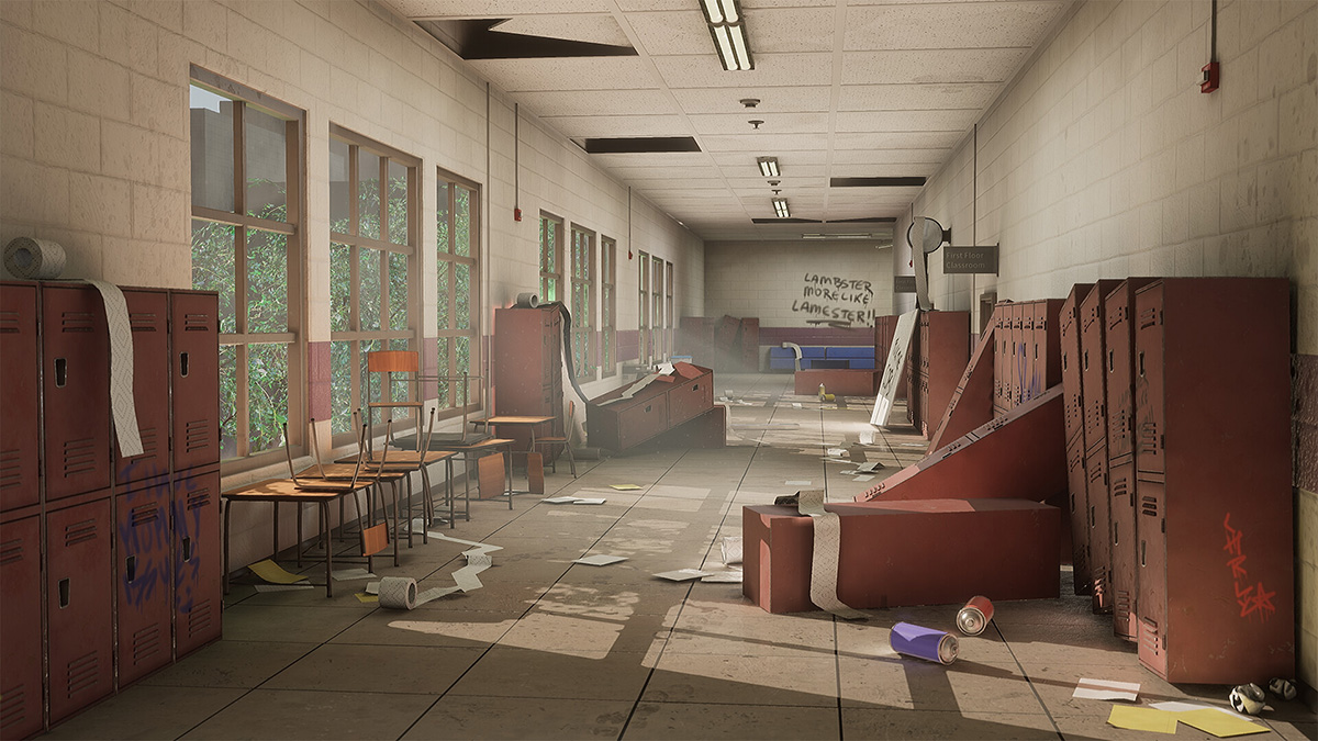 A hallway with lockers tipped over and empty spray paint cans.