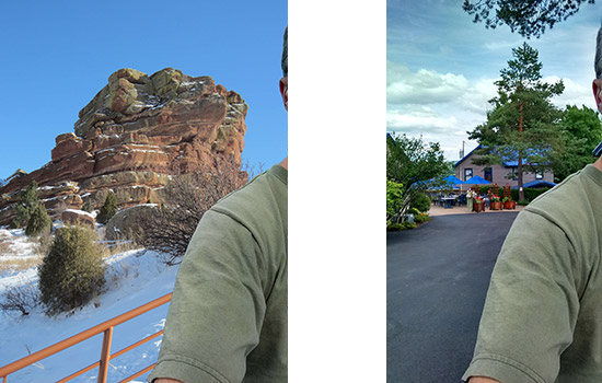 side-by-side images of person standing in front of a mountain range and a tree.
