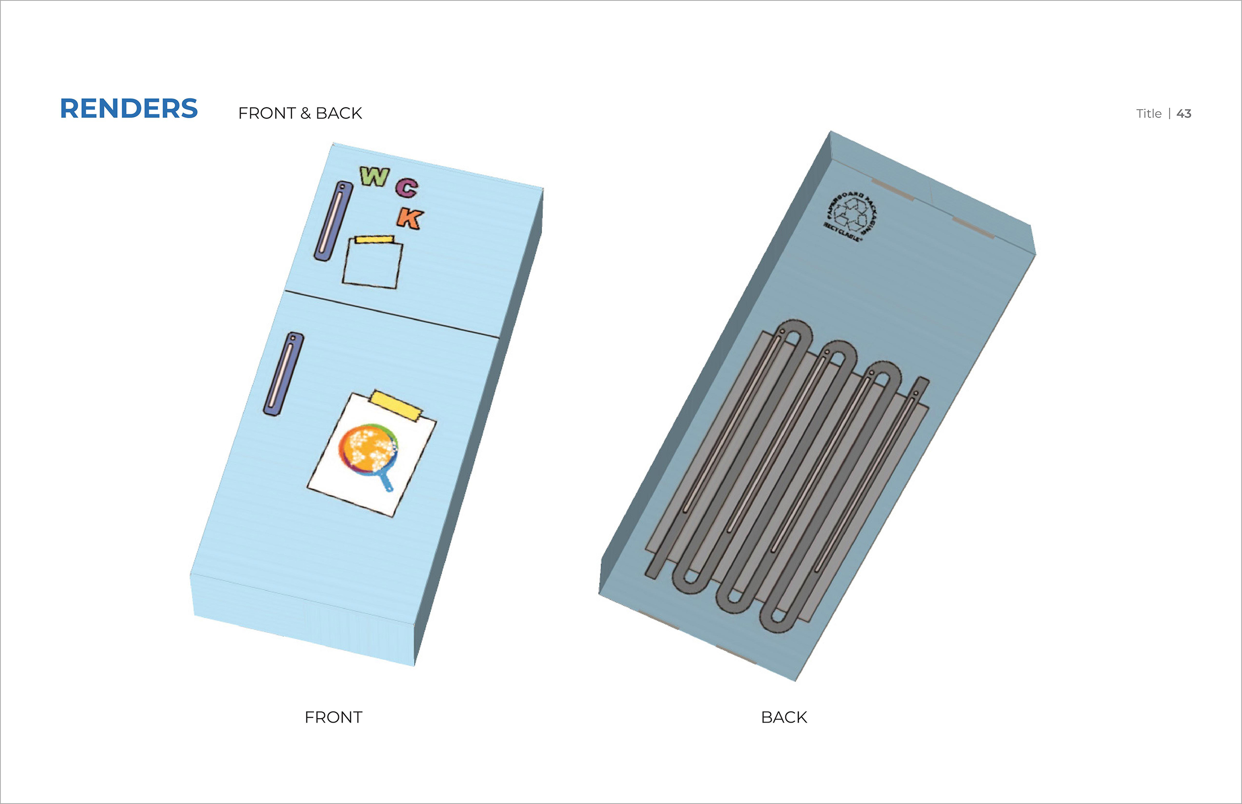 Front and back view of packaging design that looks like a refrigerator.