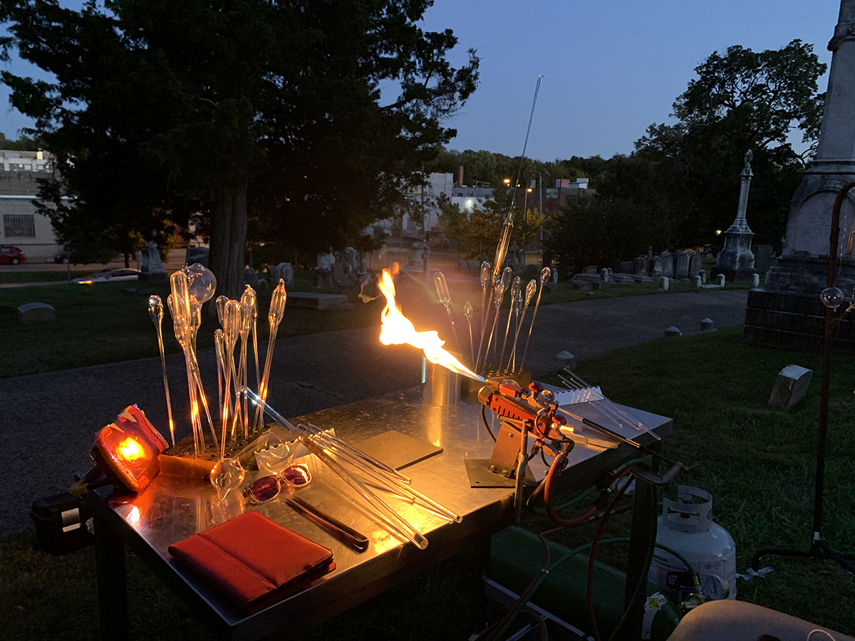 An outdoor flameworking setup.